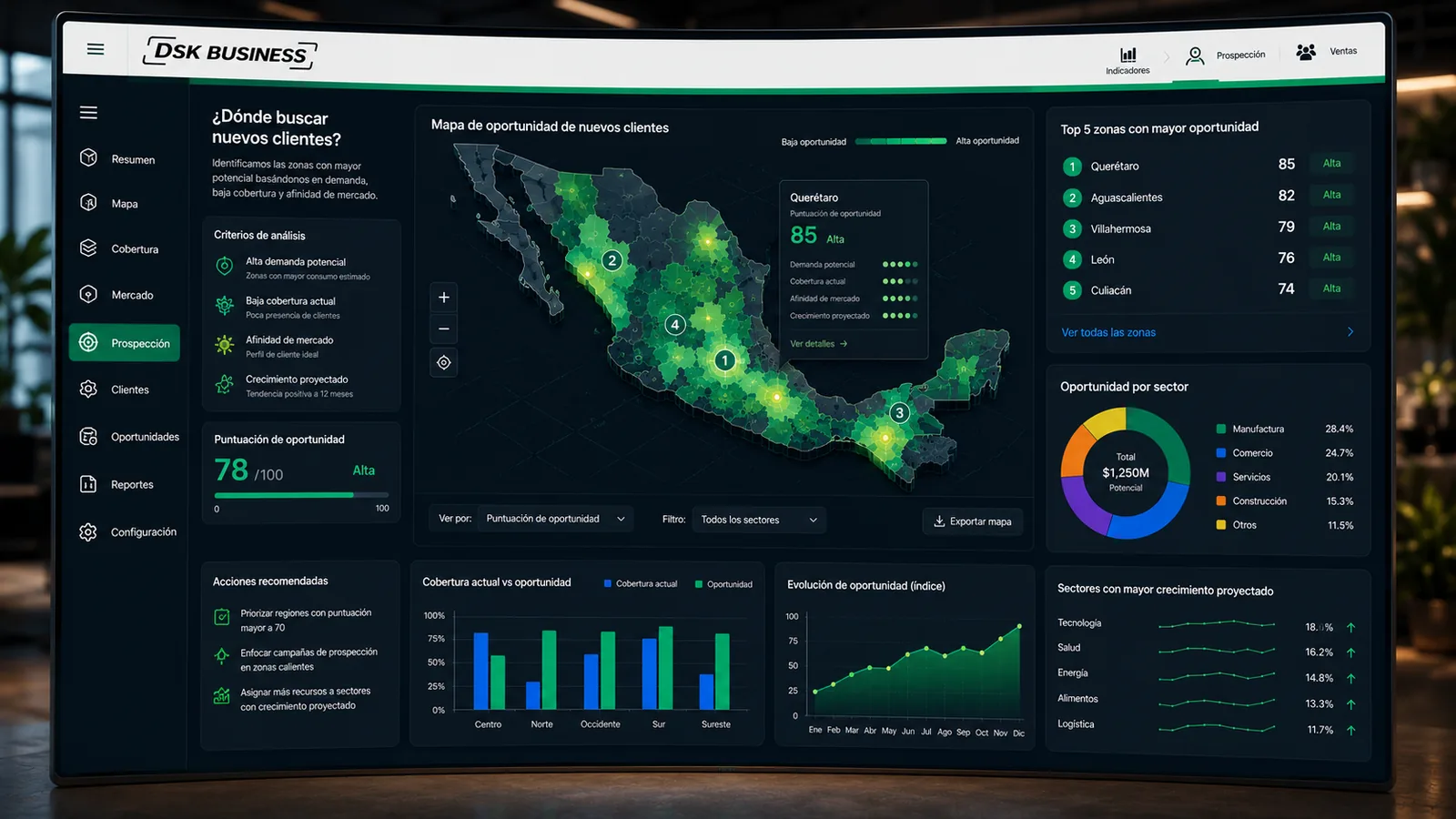 Mapa de oportunidad de nuevos clientes con las zonas de mayor potencial